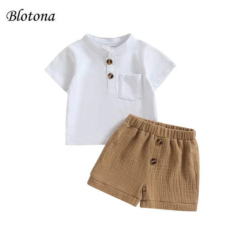 Blotona Baby Boys Shorts Set, Short Sleeve Stand Collar T-shirt with Elastic Waist Cotton Linen Shorts Summer Outfit 3-24Months