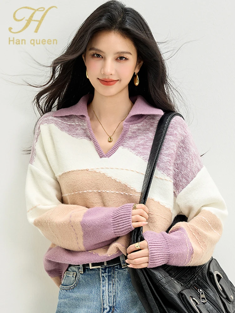 

H Han Queen Autumn Winter French Color Blocking Soft Pullover Women's Sweater Basic Fashion Long Sleeve Knitwear Woman Clothing