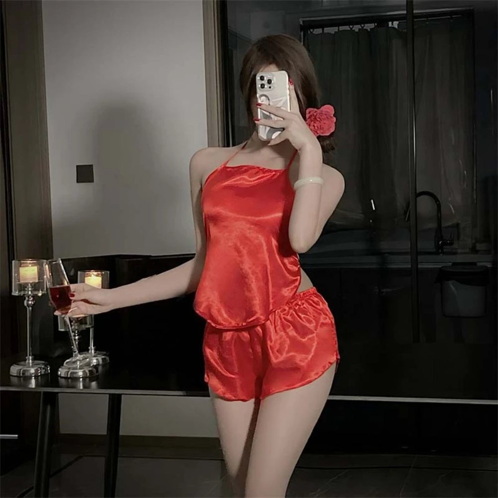 

Fashion Lace-up Ice Silk Pajamas Set Homewear Summer Sleeveless Pajamas Womens Sleepwear Thin Camisole Shorts Nightwear Home