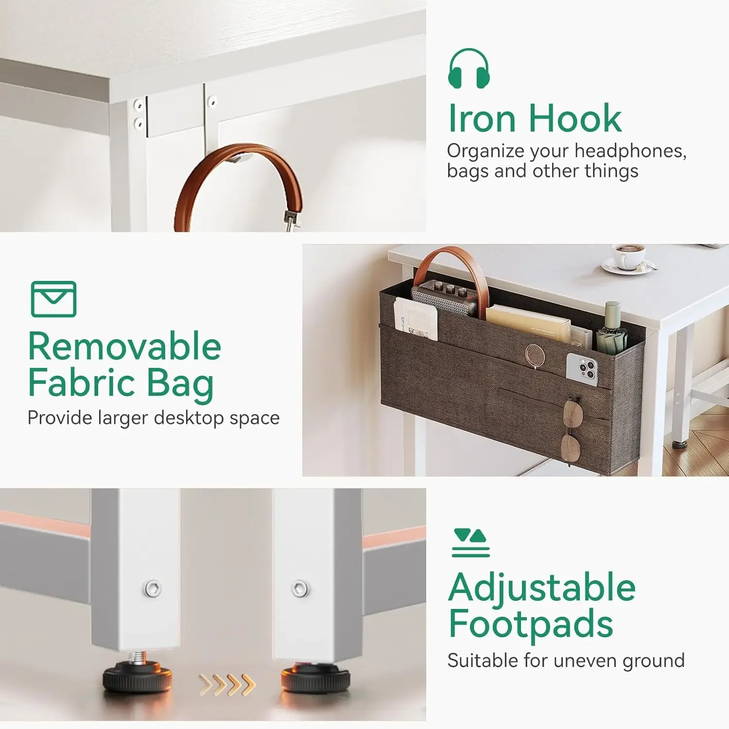 مكتب كمبيوتر صغير مقاس 32 بوصة مع 4 أدراج قماشية، وحدة تخزين، وخطاف جانبي وحقيبة قماش، وطاولة دراسة/عمل للأطفال