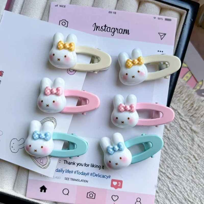 Cartoon Kawaii Miffy Grid Hairpin Resin Ellipse Hollow Girly Heart Hair Accessories Side Bangs Versatile Headgear Wear-resistant