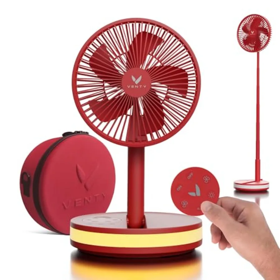 Portable fan for cruise, outdoor, and RV travel; red ABS plastic with carry case; 4-speed wireless battery operation, LED light
