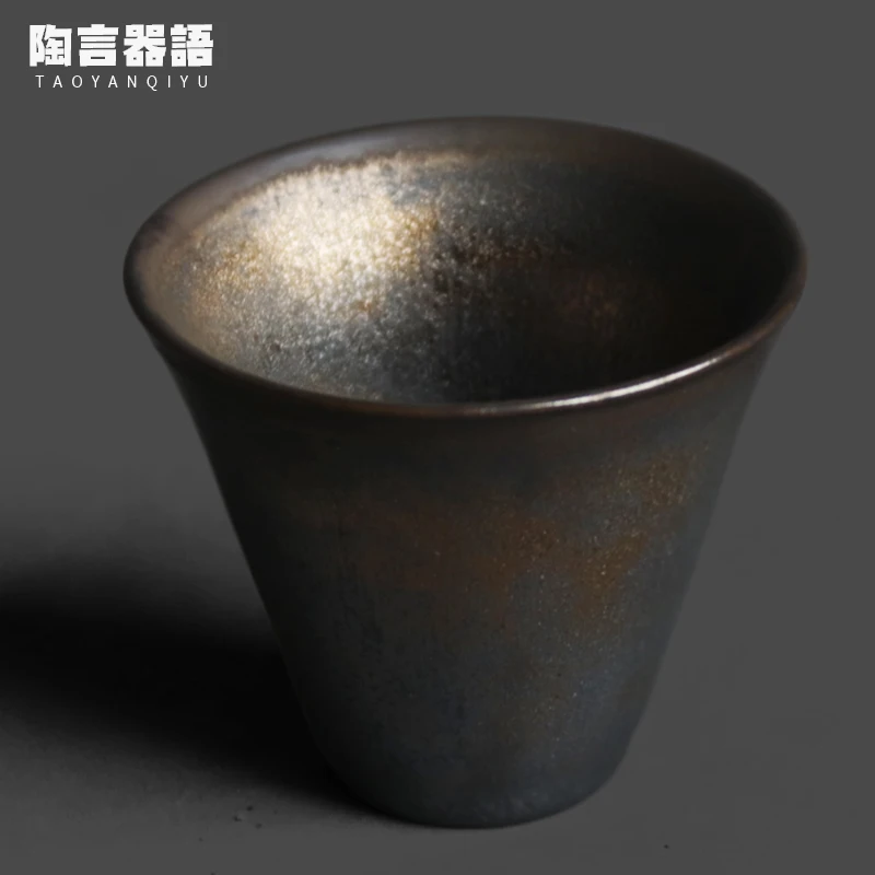 Kiln change black gold wide mouth teacup retro rough pottery material kung fu tea ceremony home drinking tea single cup