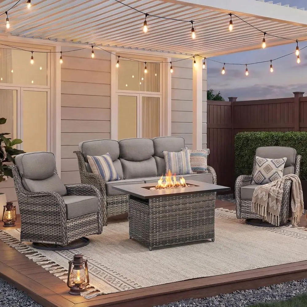 

Luxury Patio urniture Set with ire Pit Table-4 Pieces High Back Wicker Swivel Rocker Chairs with 6" Extra Thick Cushions, Outdoo