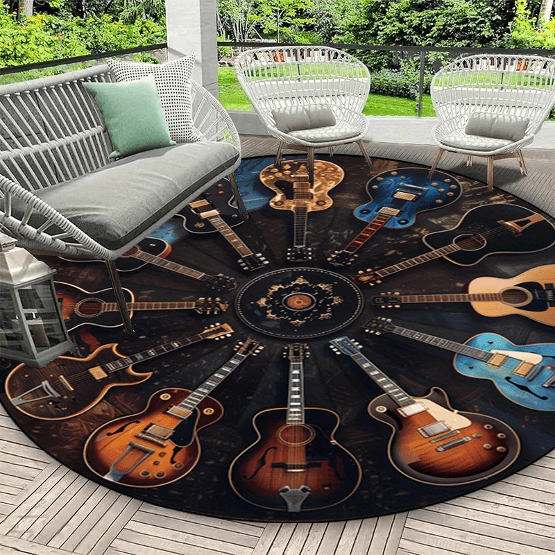 Guitars Radial Print Round Area Rug Musical Theme Non Slip Floor Mat Living Room Bedroom Music Studio Decor Washable Carpet