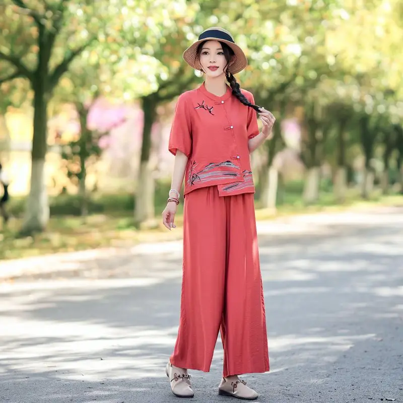 

Women's Chinese Style Ink Painting Print Linen Two Piece Set Stand Collar Short Sleeve Top Wide Leg Pants Casual Mom Outfit