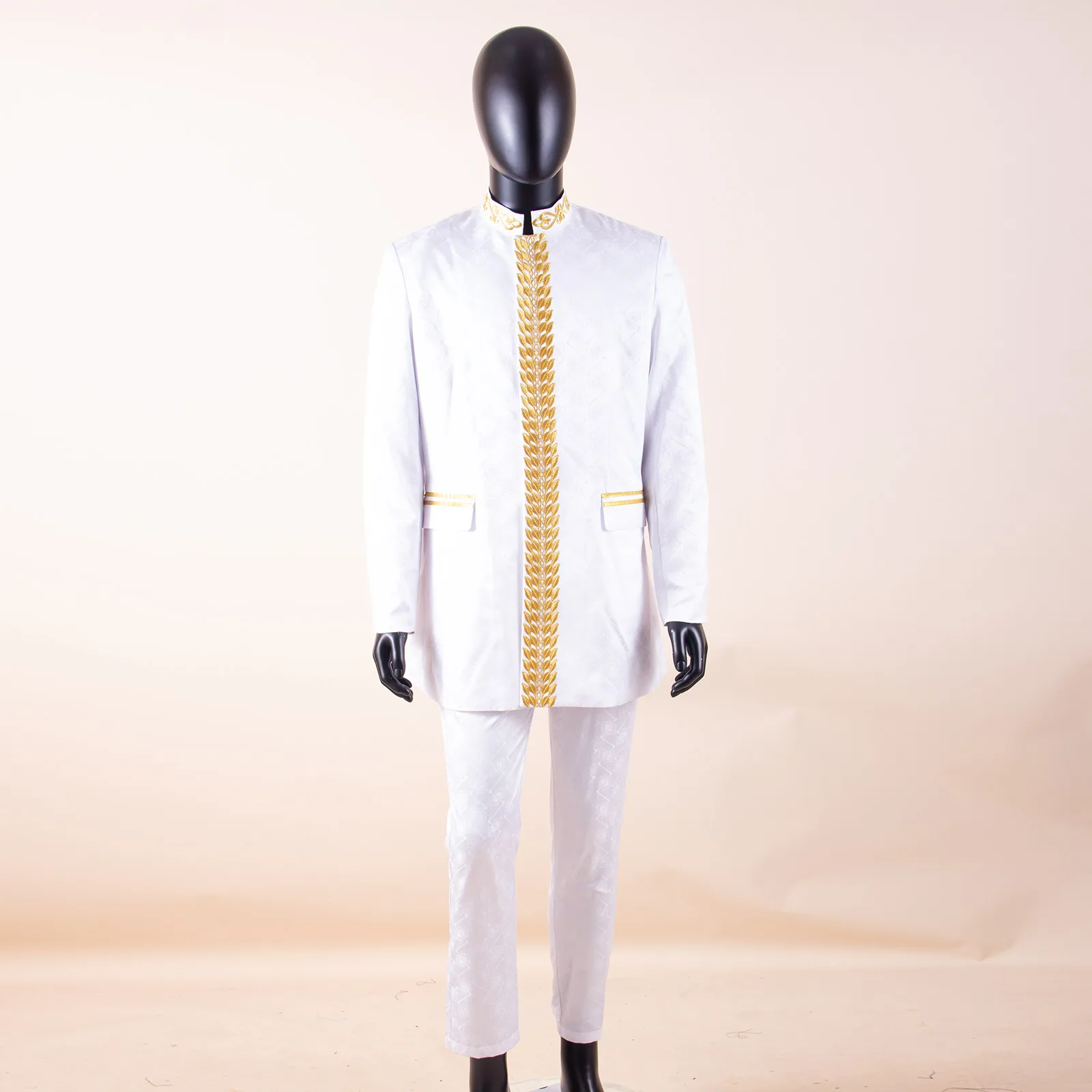 African Men Clothing Bazin Riche Men Suit 2-Piece Set Stand Collar Single Breasted Jacket Blazer Pants Party Wedding 2416082