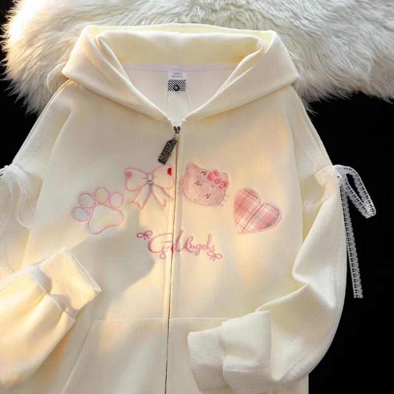 High Quality Lolita Cute Bows Cat Embroidery Hoodie Jacket Sweet Preppy Style Women Girls Loose Zipper Oversized Sweatshirt Coat