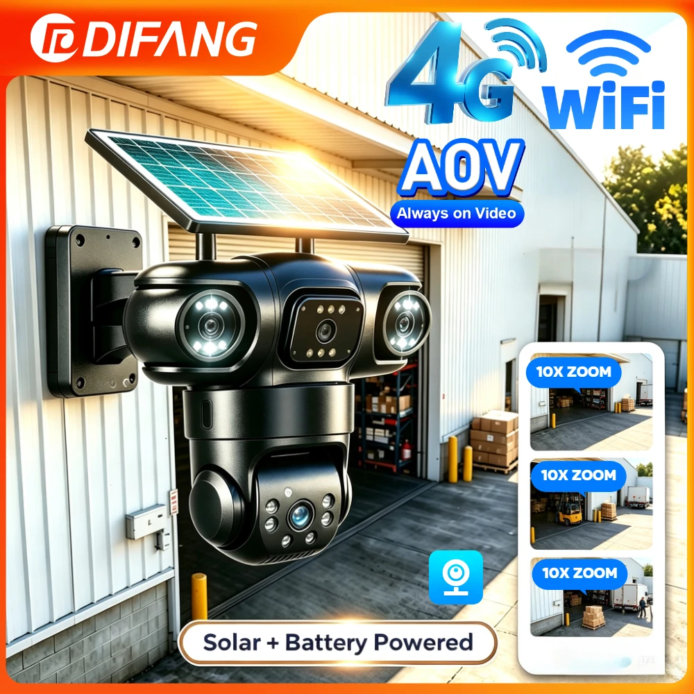 4G AOV Solar Camera 3 Screens WiFi Solar Camera Outdoor Wireless Auto Tracking 4G Sim Solar CCTV V380 Pro