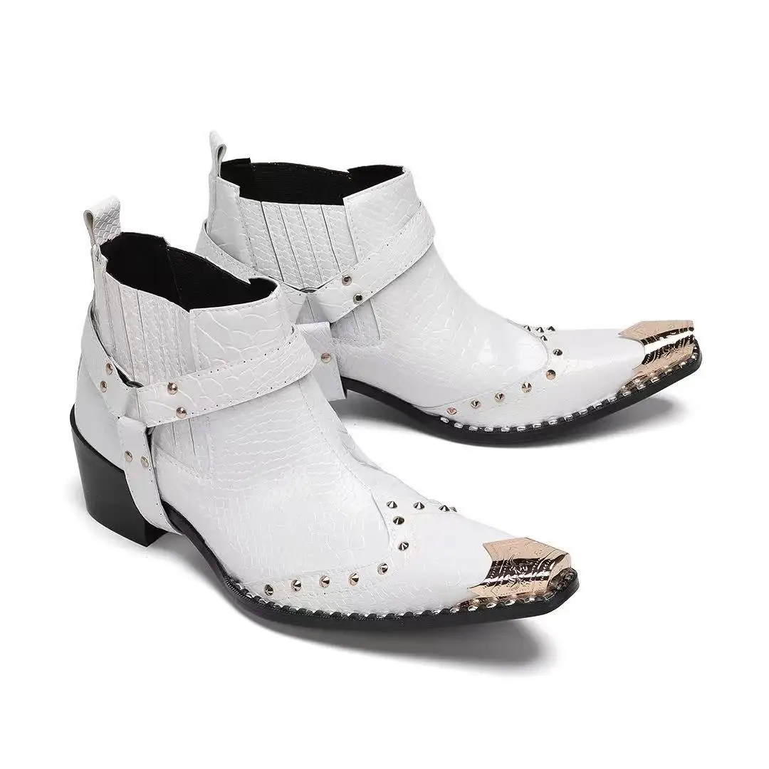Schwarze Herren-Stiefeletten aus Schlangenleder mit Nietenbesatz, Blockabsatz, auffälliges Design, modische Schuhe für Bars, Bühnen, Streetwear und besondere Anlässe. – Detail 23