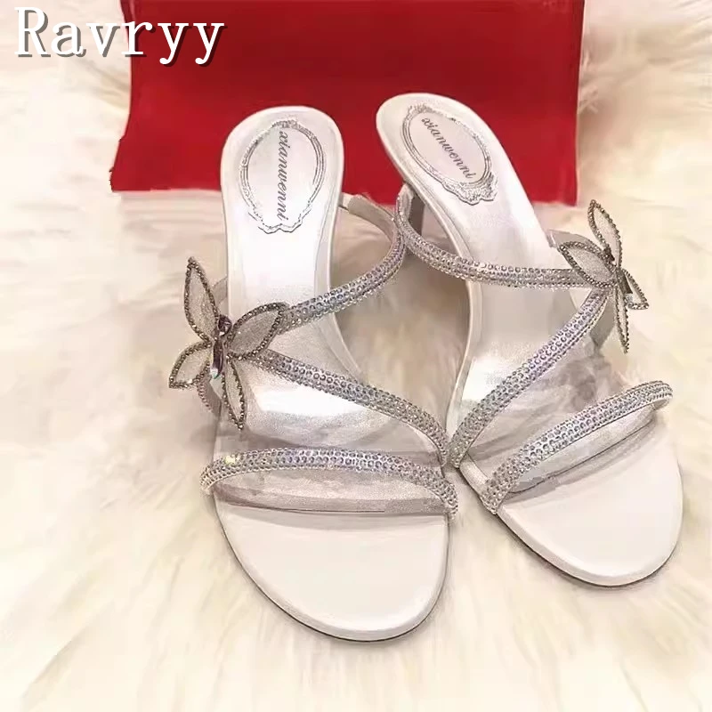 Crystal Strap Butterfly Women Slippers Fairy Style Open Toe Thin High Heel Sandals Summer New Bride Wedding Dress Slides