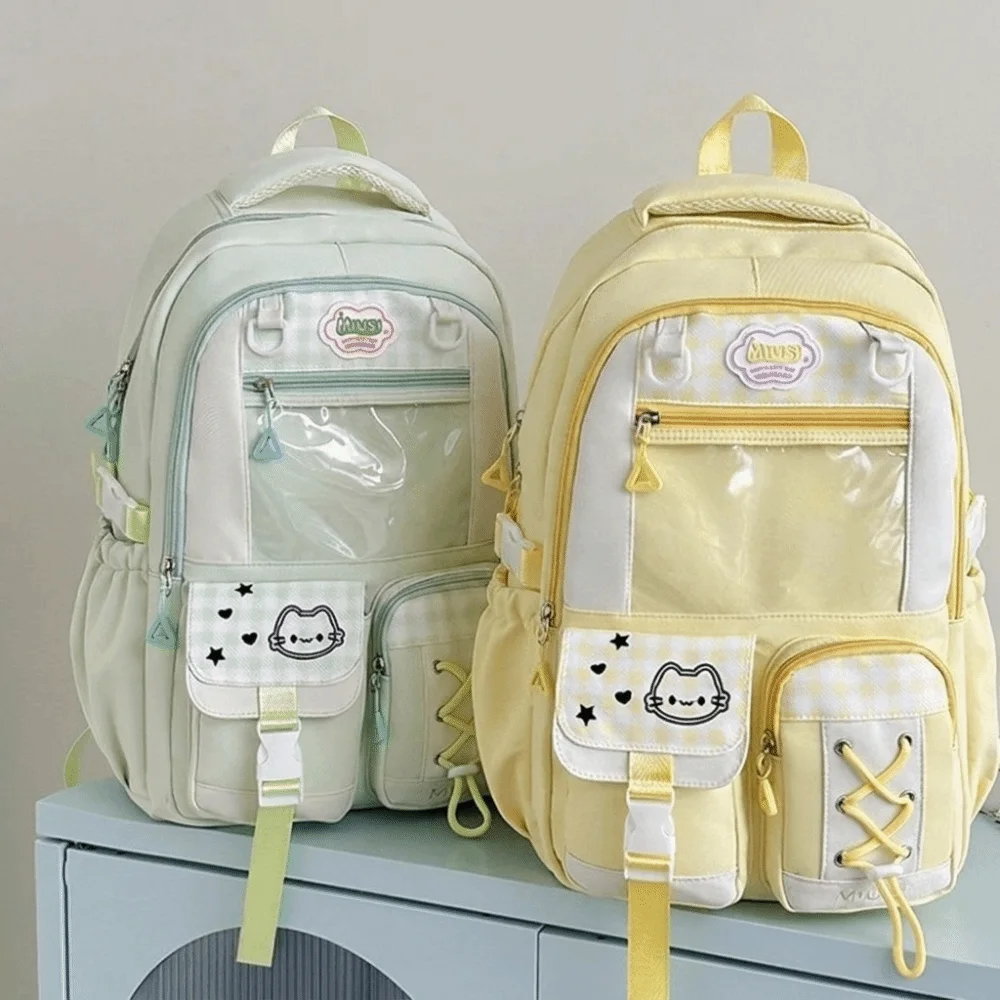 Preppy-Style Schulrucksack mit mehreren Fächern, großem Fassungsvermögen, leichtem Gewicht, Reißverschluss, mehreren Taschen, kariertem Farbblock-Design, Tagesrucksack – Detail 5