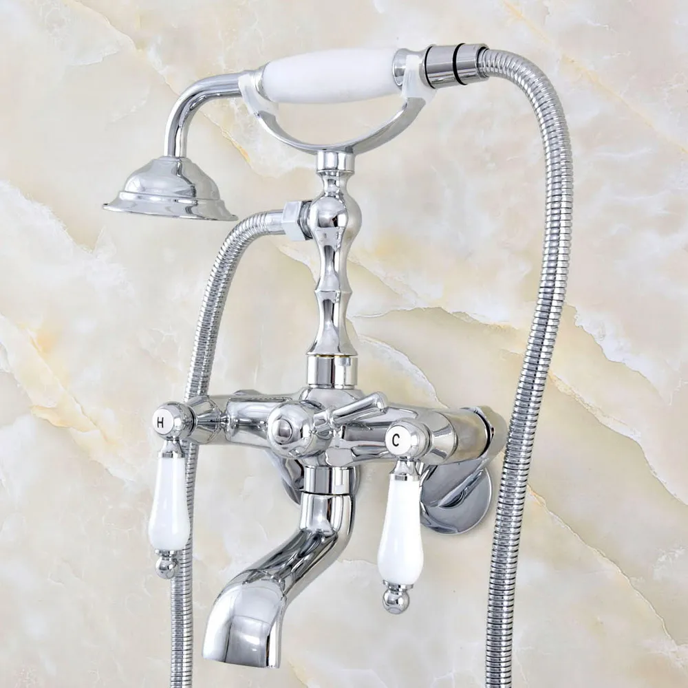 

Silver Polished Chrome Brass Wall Mounted Dual Ceramic Handles Clawfoot Bathtub Faucet Handshower - Adjusts From 3-3/8" aqg420