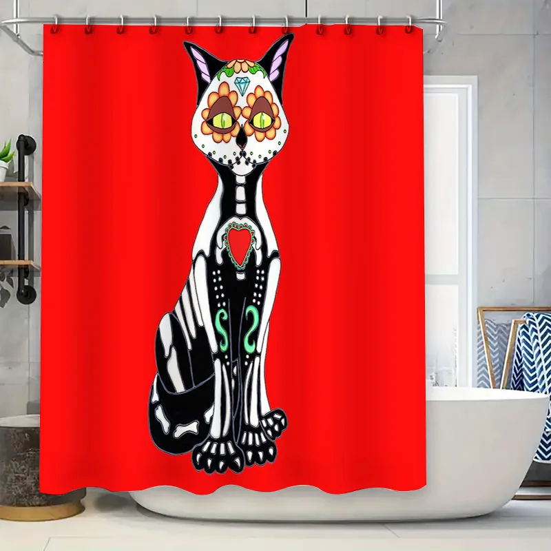 Spooky Skull Bat Halloween Shower Curtain Gothic Horror Vampire Batwing Bathroom Decor