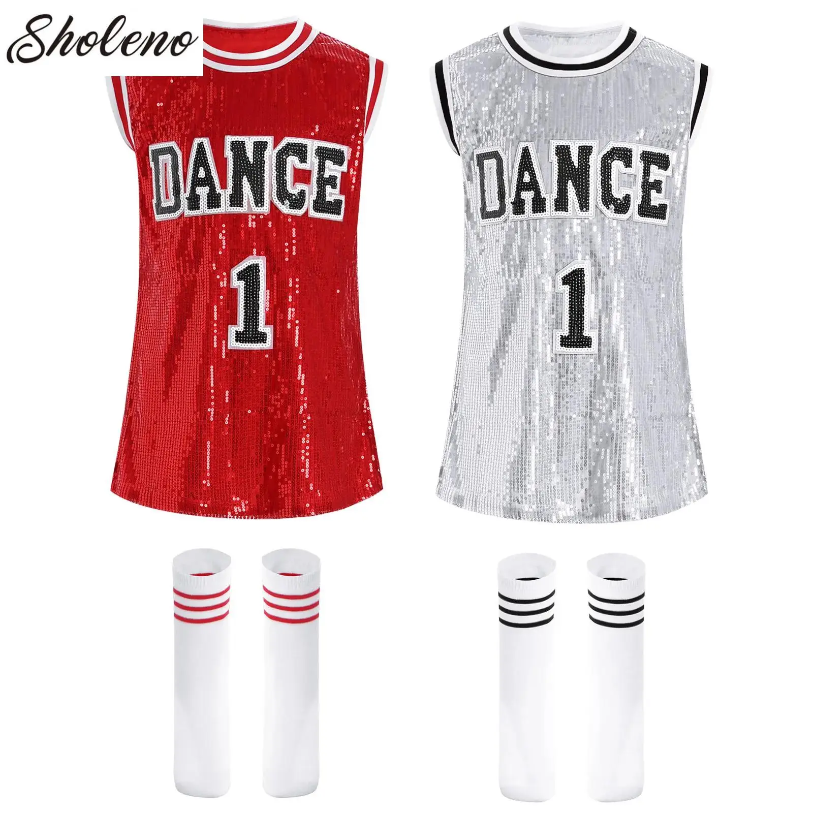 

Girls Jazz Dance Hip Hop Clothes Kids Jersey Sequin Modern Cheerleading Uniform Dress with Socks Halloween Carnival Party Outfit