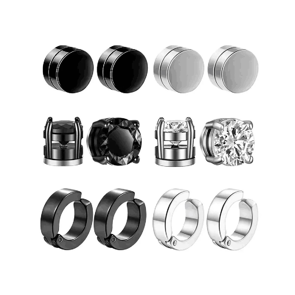 4-10 pairs of men's fashionable ear hole free magnet zircon stainless steel false earring set image 3