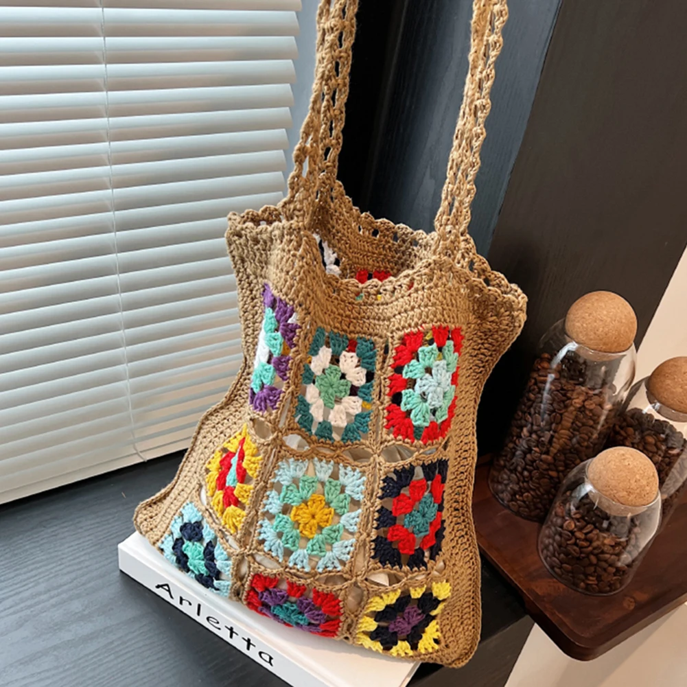 Summer Hollow Out Beach Shoulder Bag 2023 Bohemian Flower Crochet Colorful Bags Knitting Aesthetics Shopper Bag Women's Handbags