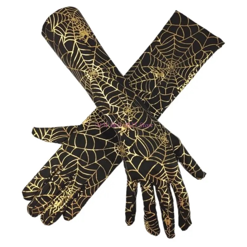 

49ME Gold Spiderweb Pattern Party Gloves Breathable Armwear Witch Gloves For Party