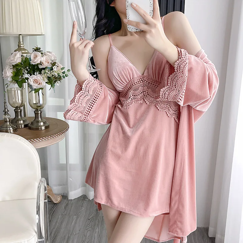 Golden Velvet Pajamas Three-Piece Female Autumn and Winter Long-Sleeved Robe Set Sexy Lace Sling Pajamas Nightgowns Homewear