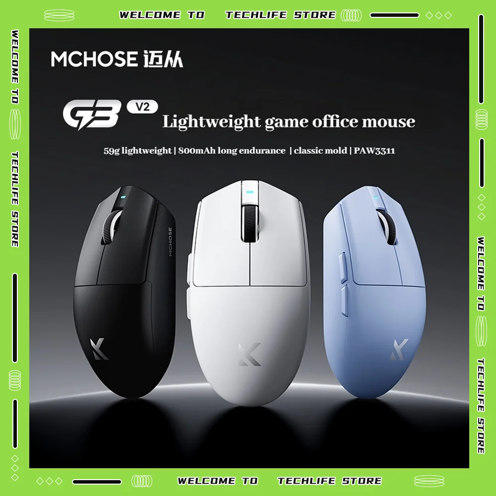 

MCHOSE G3 V2 Gaming Mouse Lightweight Tri Mode 2.4G BT Wireless PAW3311 Sensor 12000 DPI Omron Switch 300mAh Long Battery Life