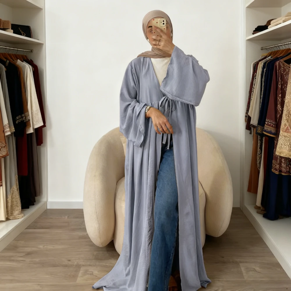 

Ид Мусульманская открытая Абая Женщины 2026 Дубай Скромные платья Джалабия Кардиган Халат на шнуровке Ислам Vestidos Рамадан Марокко Арабский кафтан