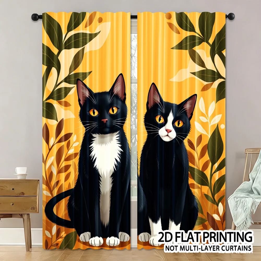 Black Cat Couple Curtain, Autumn Leaves Pattern Drape, Cute Pet Portrait Window Treatment for Living Room Bedroom Home Decor