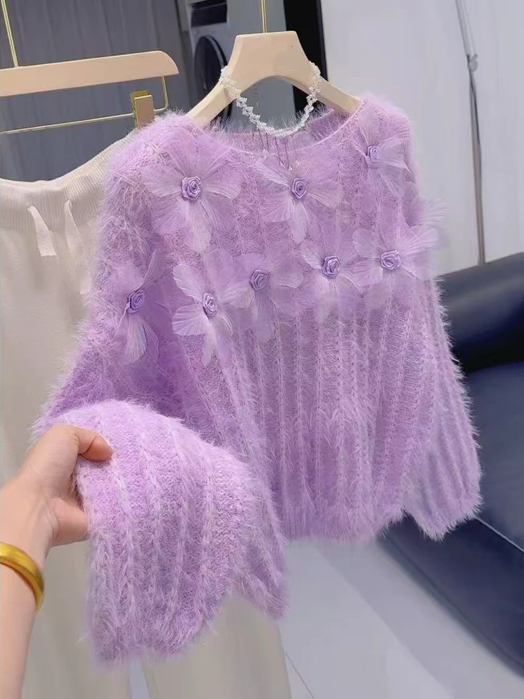 

High-End adient Color 3D Flower round Ne Women's Knitwear Soft Sle Faionable Versatile Sweater for Autumn Winter