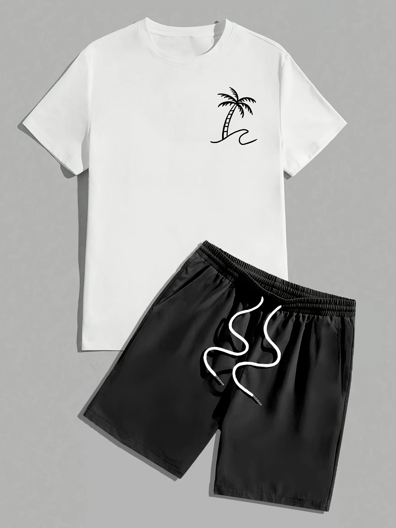 

New Men's Summer Coconut Tree Print Set Comfortable Breathable Crew Neck T-Shirt and Shorts Set Men's Vacation Casual Wear
