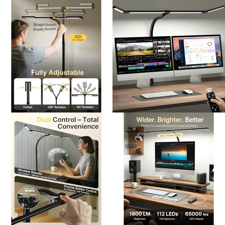 

42" LED Desk Lamp with Clamp, Architect Desk Light with Remote, Adjustable 4-Segment Bar, 1800LM Bright, Eye-Caring Desk Lamp f