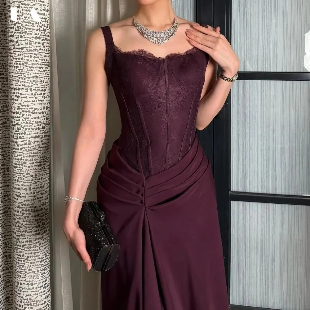 

ULBYANRY Customized Straight Lace-trimmed Prom Dress Elegant Spaghetti Strap Ruched Evening Dress Vintage Sleeveless Party Dress