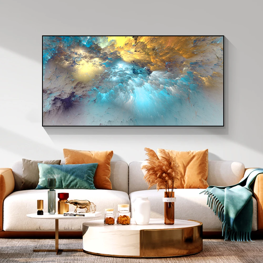 

Light Blue Gold Geometric Clouds Modern Abstract Oil Painting Canvas Printing Art Wall Decoration For Home Room Decor Pictures