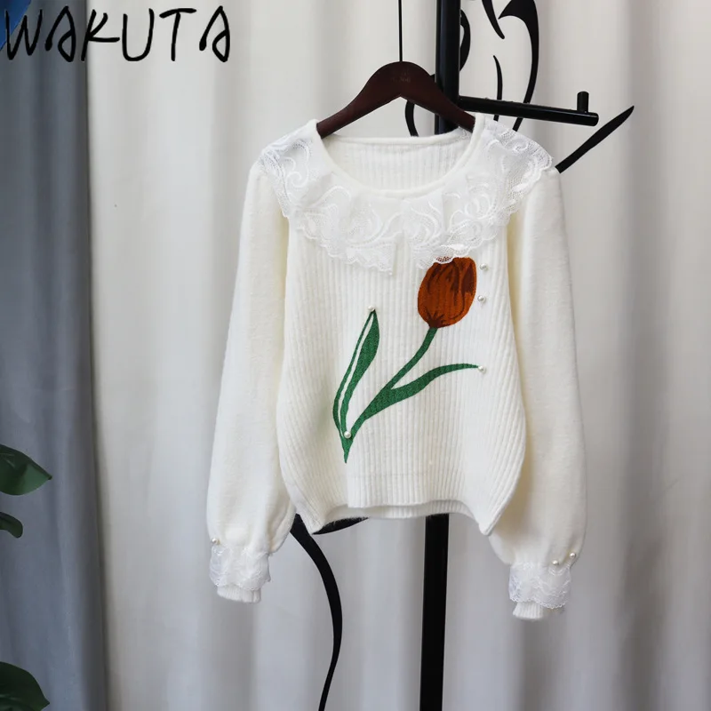 WAKUTA sweter motif bunga longgar, atasan Crop renda jala bordir, sweater motif bunga longgar untuk musim dingin dan musim gugur 2024