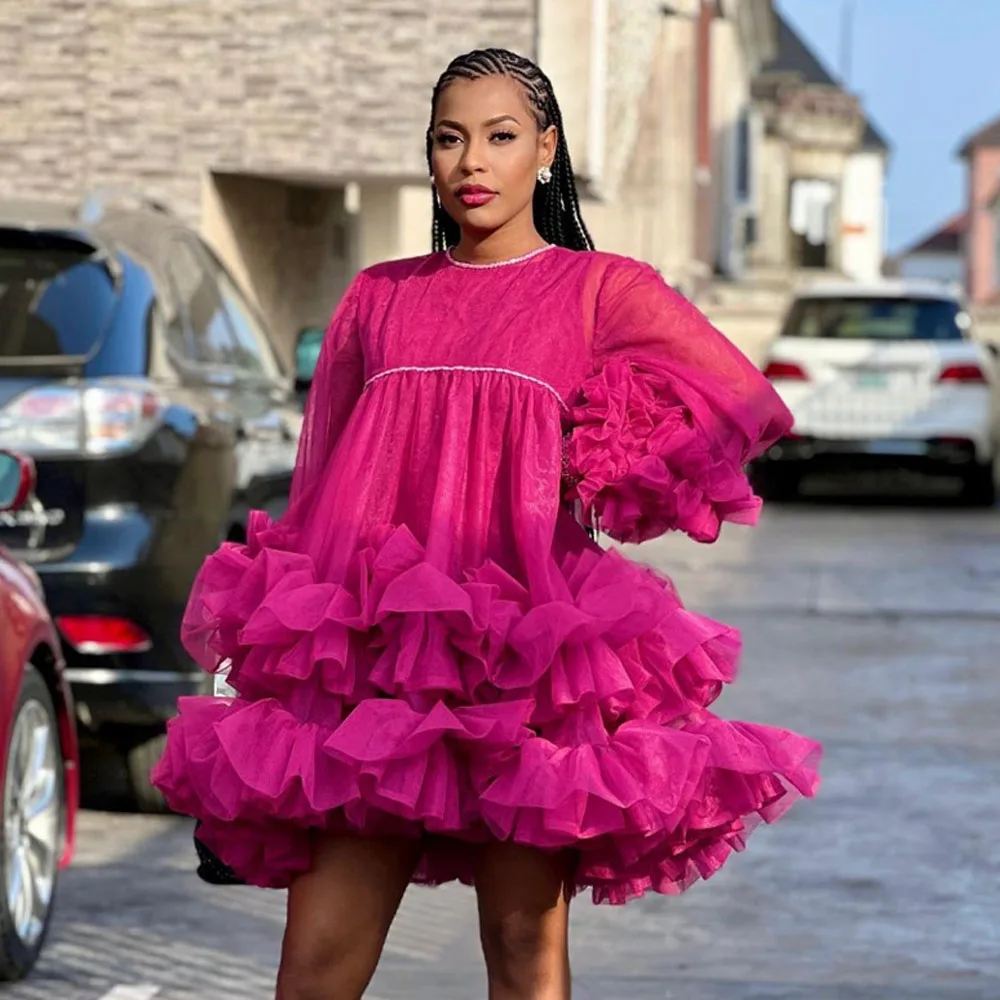 O-neck Ruffled Hot Pink Layered A-line Evening Party Dress Long Sleeve See Through Above Knee Cocktail Dresses Ever Pretty