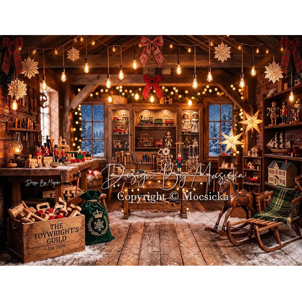 Mocsicka Santa Claus Toy Workshop Backdrop Photography Christmas Wooden Gift Cabin Light Background Winter Xmas Indoor Photo