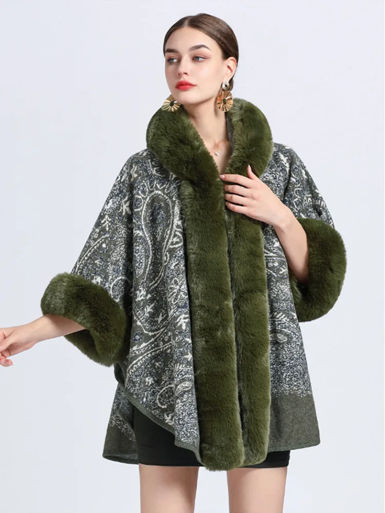 

New 2025 Autumn Winter Faux Rabbit Fur Collar Jacquard Hooded Ponchos Women Vintage Shawl Cape Female Loose Knit Cardigan Coat
