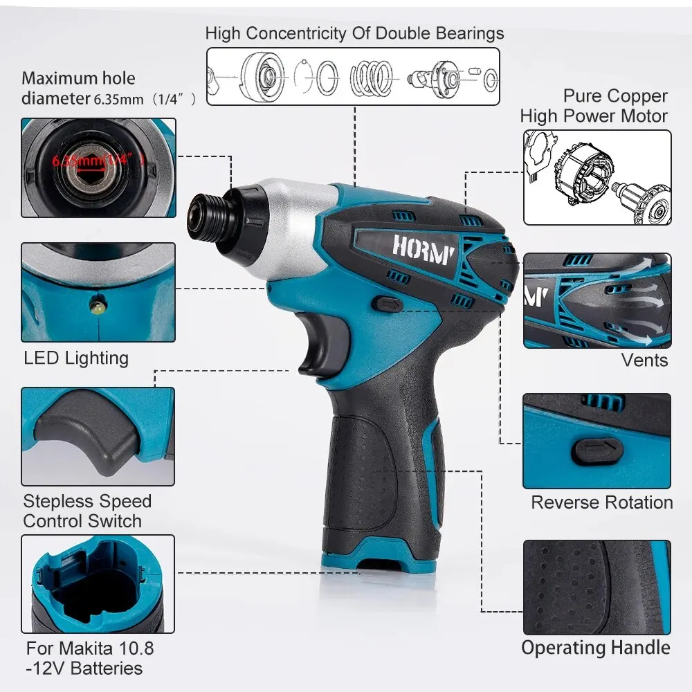 Hormy Compact 12V Electric Screwdriver 2500RPM 100N.m Cordless Impact Screw Driver Motor Compatible For Makita 10.8V Battery