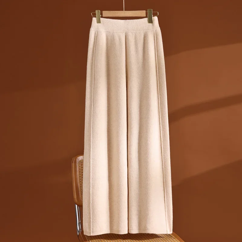 Tcyeek Women 100% Wool Pants Thick Wide Leg Pants Autumn Winter Basic Casual Wool Knitted Trousers High Waist Pants Soft Warm