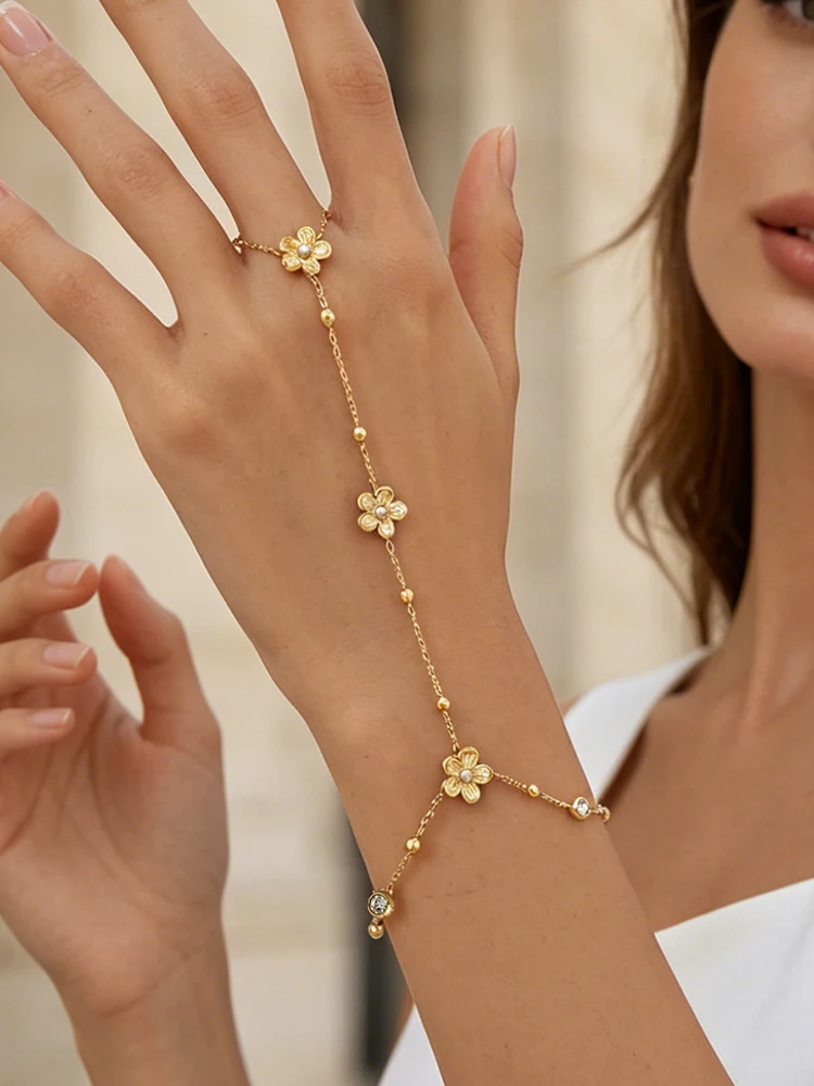 Cute Flower Beads Bracelet for Women Elegant Link Connected Stainless Steel Gold Plated Finger Ring Bracelet Hand Jewelry