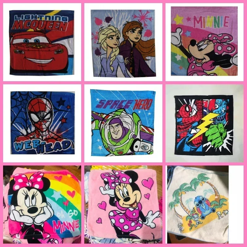 Disney Stitch Mickey Minnie Mouse Mc Queen Baby Face Towels 30x30cm Cotton Water Absorbing Soft Toddler Hand Towel 2pcs/lot