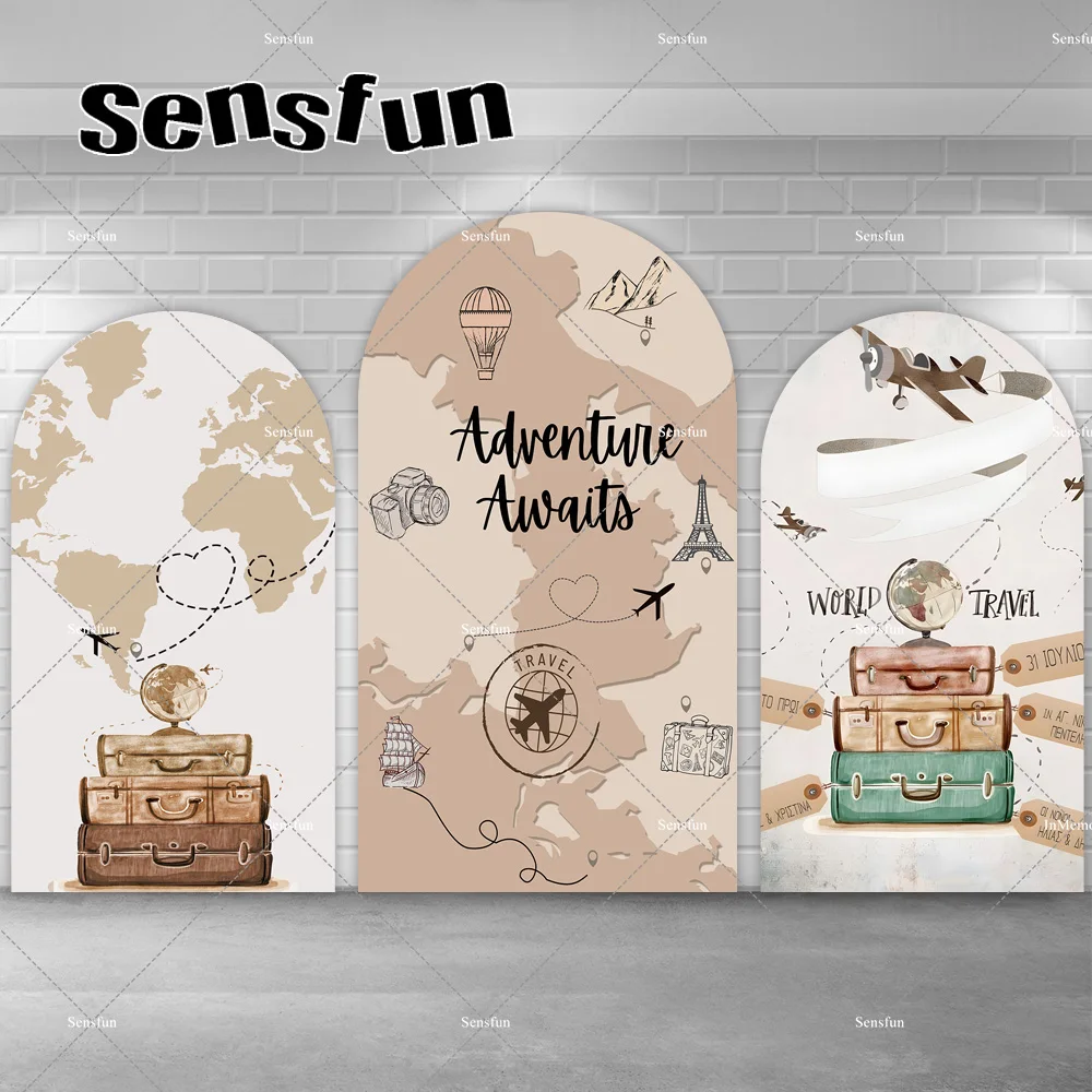 

The Adventure Begins Arch Backdrop Cover Beige Brown Map Luggage Airplane Travel Birthday Party Backgrounds Arched Banner