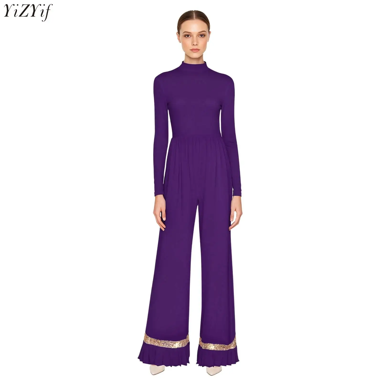 

Womens Worship Praise Church Rompers Long Sleeve Ruffled Trim Sequins Wide Leg Pants One-piece Jumpsuit for Lyrical Dance Gown
