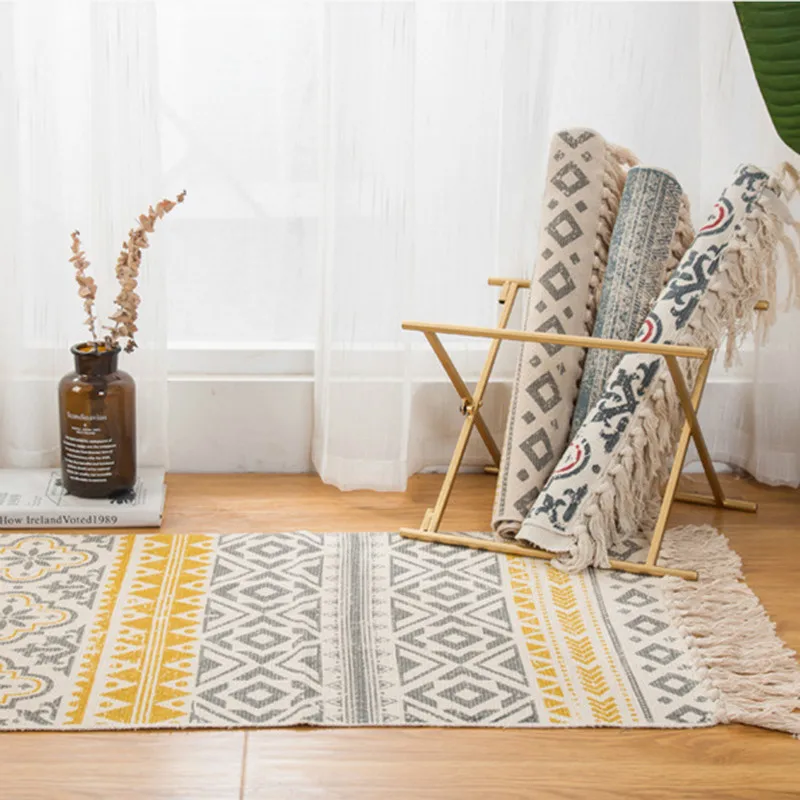 Retro Bohemian Hand Woven Cotton Linen Carpet Tassel Bedside Rug Geometric Floor Mat Living Room Bedroom Home Decoration AreaRug