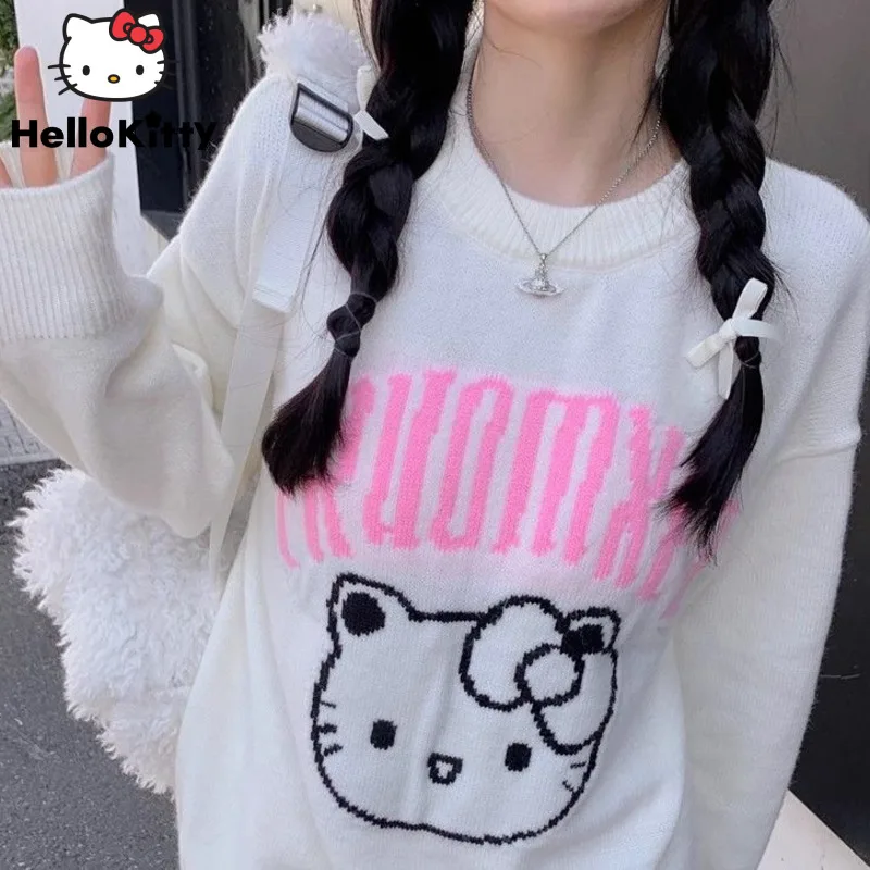 Sanrio Hello Kitty Jacquard Sweater Women Autumn Winter New Loose Round Neck Soft Knitwear Tops Japanese Style Cute Pullover Y2k