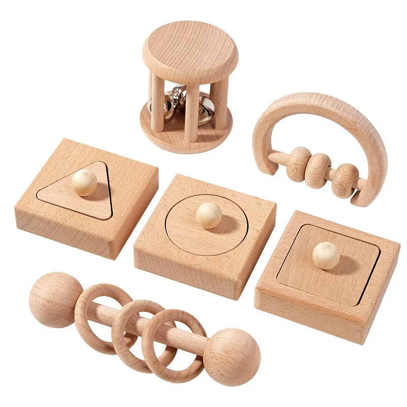 Children's wooden toy rattle natural wood 0-12 baby early education grasp geometric shape matching toy set