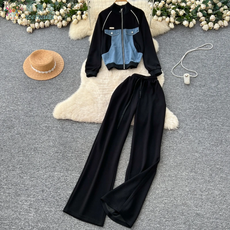 

Женские комплекты брюк, осенний наряд, толстовка из двух предметов с длинными рукавами, джинсовая куртка в стиле пэчворк + широкие джинсы, повседневная женская одежда