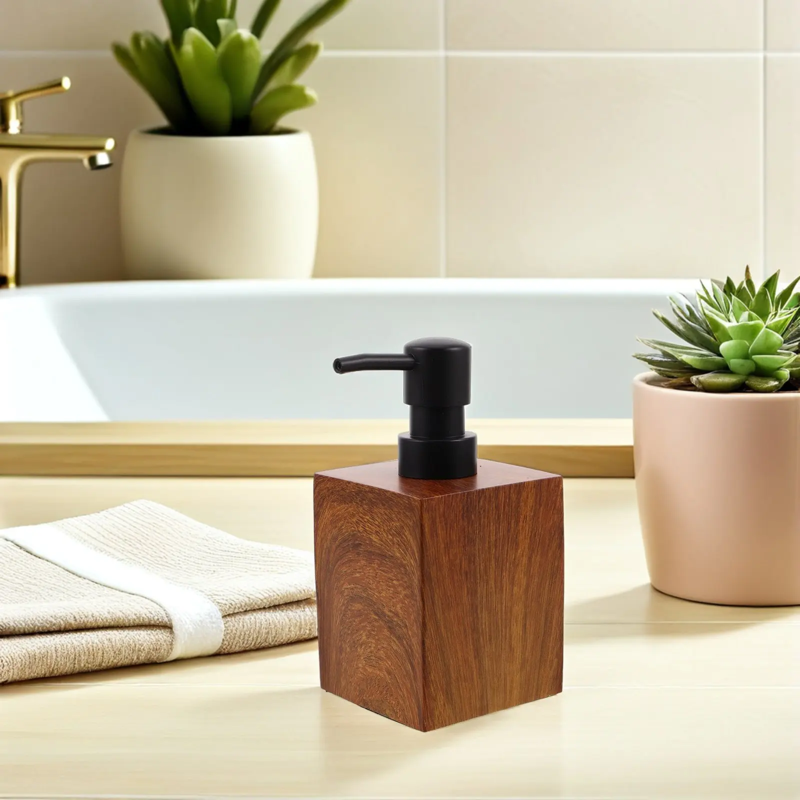

Диспенсер для мыла с эффектом деревянной текстуры, многоразовый, 400 мл, современный флакон для мытья рук, аксессуар для ванной комнаты, настольный, с хромированной помпой