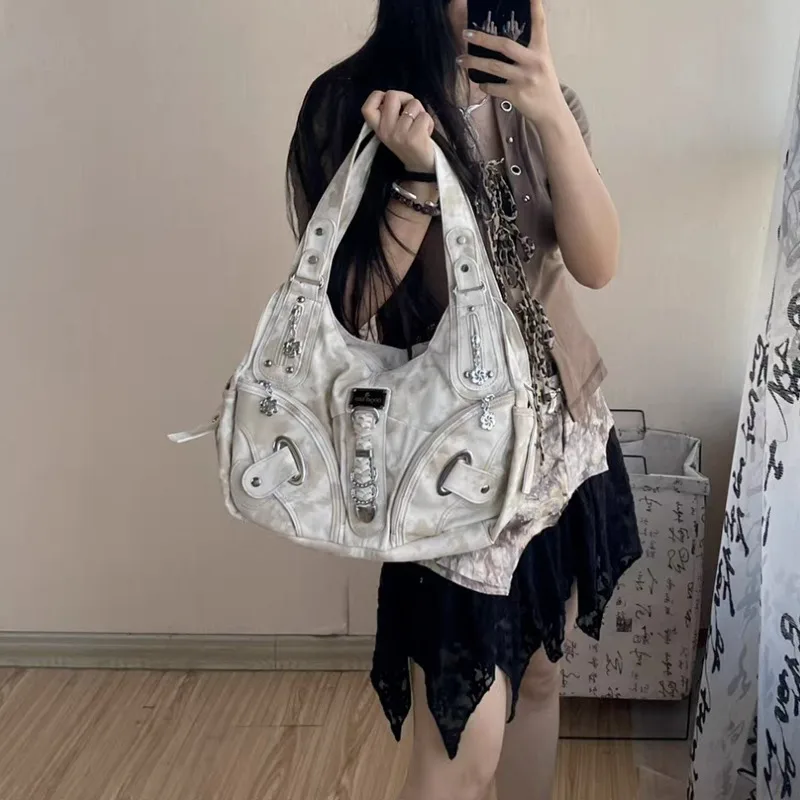 MBTI Y2k Vintage Shoulder Bag for Women Gothic Fashion Tie-dye Tote Bag Aesthetic Large Capacity Luxury Designer Female Handbag