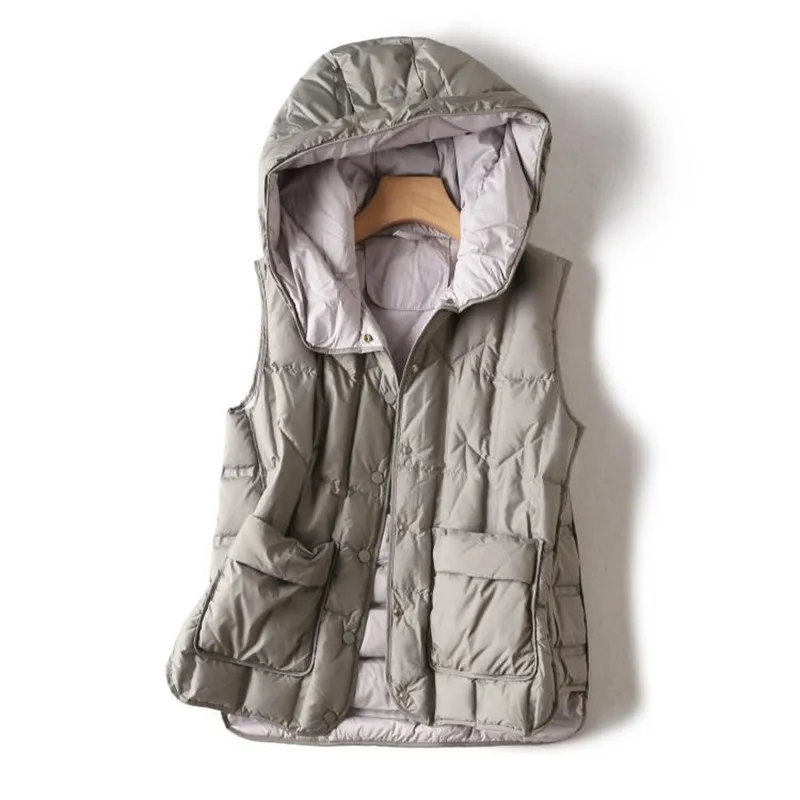 Autumn Winter Down Tank Waistcoat Jacket Women Warm Light Thin White Duck Down Vest Ladeis Short Sleeveless Hooded Vests Coat