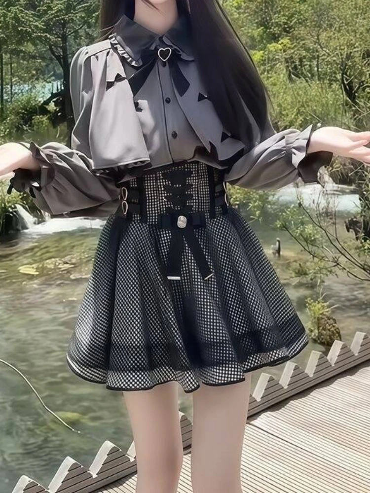 

Vintage Preppy Style Lace Long Sleeve 2-piece Set Fashion Kawaii Bow Patchwork T-Shirts Women Retro High-waist Plaid Skirt Suit
