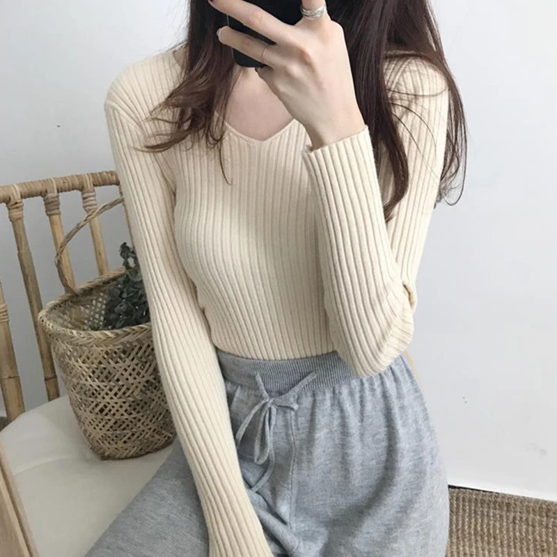 Alobee Autumn Winter Women Sweaters Femme Solid Jersey Tops Casual Long Sleeve Knitted V Neck Pullover Sweater Fashion Clothes